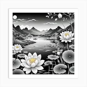 Chinese Landscape With White Lotus Flowers Art Print