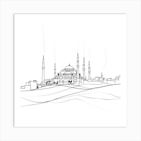 Blue Mosque In Istanbul, minimalist, line art, black and white. Art Print