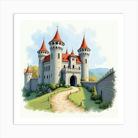 Exploring A Medieval Castle, Watercolor With Grand Stone Walls 1 Art Print