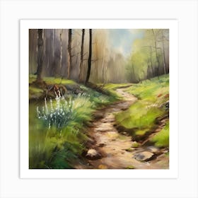 Path In The Woods.A dirt footpath in the forest. Spring season. Wild grasses on both ends of the path. Scattered rocks. Oil colors.13 Art Print