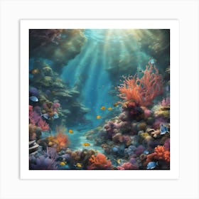 "Underwater Serenity" - tranquil underwater scene with colorful coral reefs, fish, and rays of sunlight. 2 Art Print