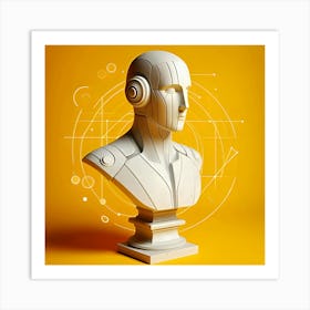 A White Marble Bust Of Robot On A Yellow Background, 3d (4) Art Print