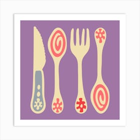 CUTLERY Pop Art Utensils Knife Spoon Fork in Vintage Retro Lavender Pink Red on Purple Kitchen Art Print