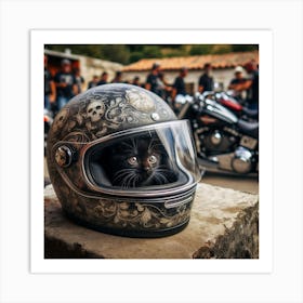 Black Cat In Motorcycle Helmet Art Print