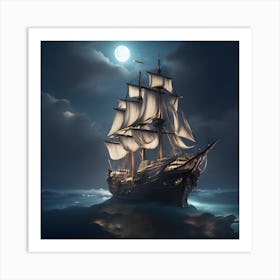 Pirate Ship At Night Art Print