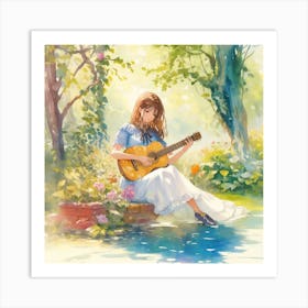 Beautiful Woman Playing Guitar In The Garde 1 Art Print