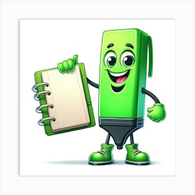 Green Pencil Mascot Holding Notebook Art Print