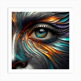 Portrait Of A Woman's Eye In Closeup - An Embossed Abstract Artwork In Silver, Orange, Purple, and Turquoise Colors with Touch Of Abstraction. Art Print