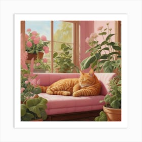 Default Napping Ginger Cat In Pink Garden Room Art 1 Art Print