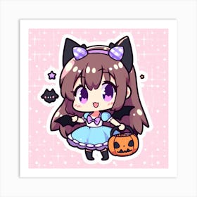 Halloween Girl with a pumpkin, kawaii, cute, anime, cartoon Art Print