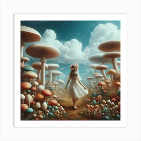 Girl Walks Through A Forest Of Mushrooms Art Print