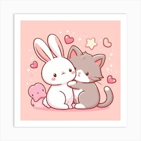 Cute Kawaii Cat And Rabbit Art Print