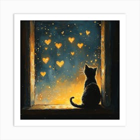 Dreamy Night Sky with Heart Stars Cat 3 Art Print