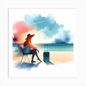 Watercolor Girl Sitting On The Beach Art Print