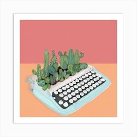 Cactuses And Typewriter Square Art Print