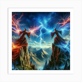 Two Wizards Fighting In The Mountains paintings art print Art Print