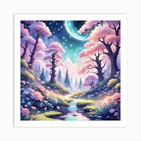 A Fantasy Forest With Twinkling Stars In Pastel Tone Square Composition 332 Art Print