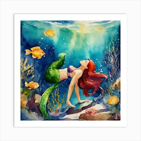 Painting The Little Mermaid Swimming In The Ocean (1) Art Print