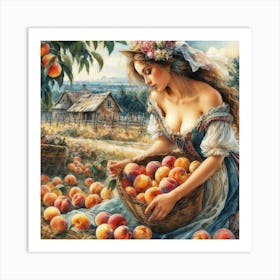 Beautiful And Alluring Blonde In Low Cut Dress With Peaches 5 Watercolor Art Print