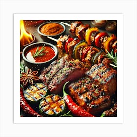 A Close Up Of Spicy Grilled Meats, Including Flame Art Print