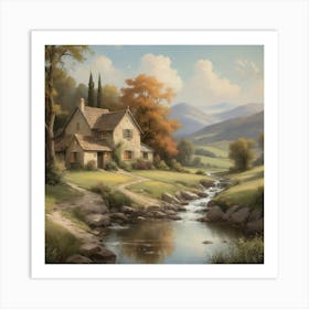 Cottage By The Stream art print Art Print