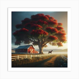 Red Tree In The Countryside Art Print