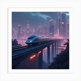 Streamlined Train Crossing A Futuristic Bridge In A Neon Lit Cityscape 1 Art Print