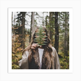 Woman Holding A Leaf In The Forest Art Print