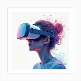 Virtual Reality Headset Floating, Watercolor Swirls Of Digital Data 1 Art Print