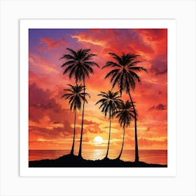 Sunset With Palm Trees Art Print