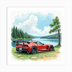 High Performance Car In A Scenic Lakeside Setting, Watercolor Painting 1 Art Print