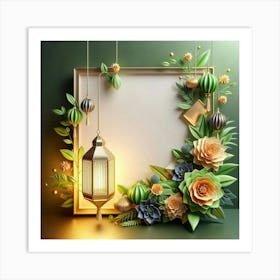 Frame With Flowers And Lantern Art Print