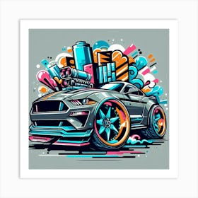 Ford Mustang Vehicle Colorful Comic Graffiti Style Art Print