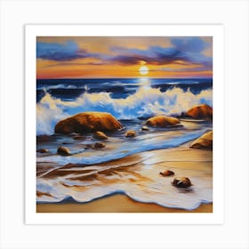 The sea. Beach waves. Beach sand and rocks. Sunset over the sea. Oil on canvas artwork.14 Art Print