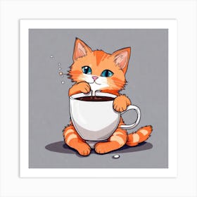 Cute Orange Kitten Loves Coffee Square Composition 45 Art Print