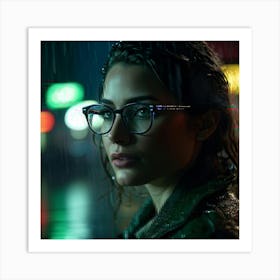 Cinematic Close Up Dramatic Dolly Zoom Effect Woman Wears Glasses Sharp Focus On Face As Rain Dri Art Print