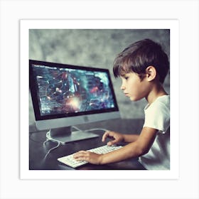 Young Boy Playing Computer Game Art Print