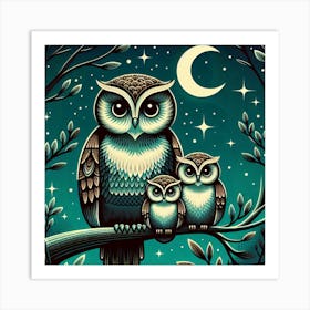 Serene Owl Family  Art Deco Art Print