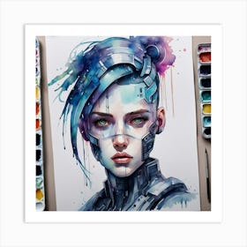 Robot Girl Watercolor Painting 1 Art Print