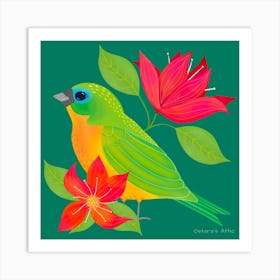 Tropical Folk Bird Green Palette Square Art Print