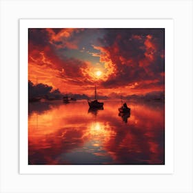 Sunset With Boats Art Print