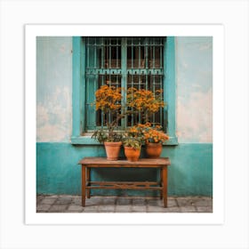 Potted Plants On A Bench Art Print