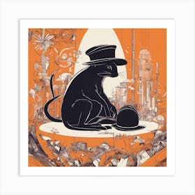 A Silhouette Of A Mouse Wearing A Black Hat And Laying On Her Back On A Orange Screen, In The Style (2) Art Print