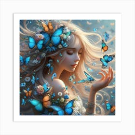 Beautiful girl with butterflies and flowers Art Print