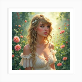 Watercolor Image Of Taylor Swift In A Mystical Garden, Flowers Softly Glowing Art Print