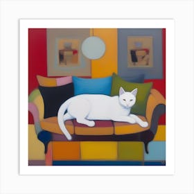 White Cat On Couch Art Print