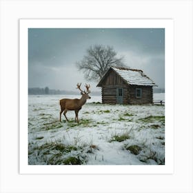 Deer In The Snow 35 Art Print