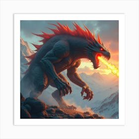 Titan Beast With Fire Breath, Colorful Mountains In Background 1 Art Print