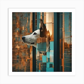 A Dog S Head Shows Through The Window Of A City, In The Style Of Multi Layered Geometry, Egyptian Ar Art Print