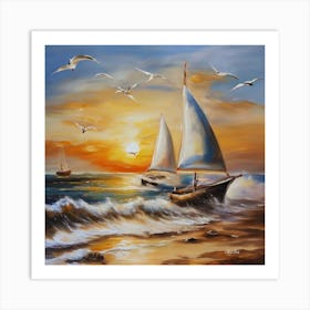 Oil painting design on canvas. Sandy beach rocks. Waves. Sailboat. Seagulls. The sun before sunset.33 Art Print